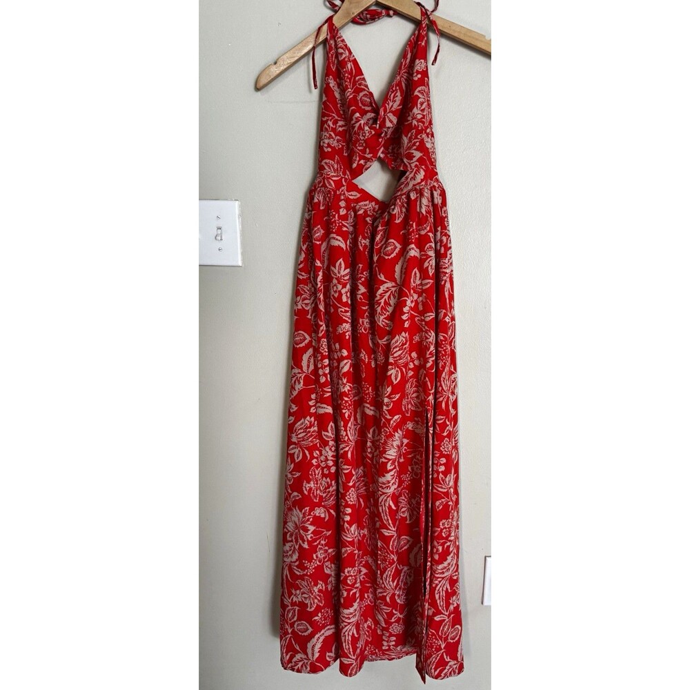 Women's L Red/White Floral Halter V-Neck Cut Out Maxi Dress Tie Closure Low Back